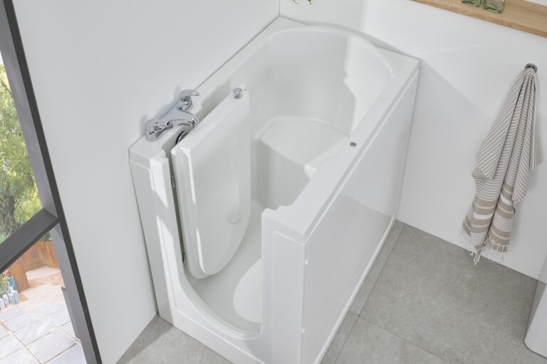 Florida walk in compact bath with seat and door open