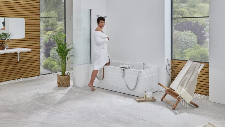 Montana Bathroom with White Bathtub, Natural Light & Wooden Accents